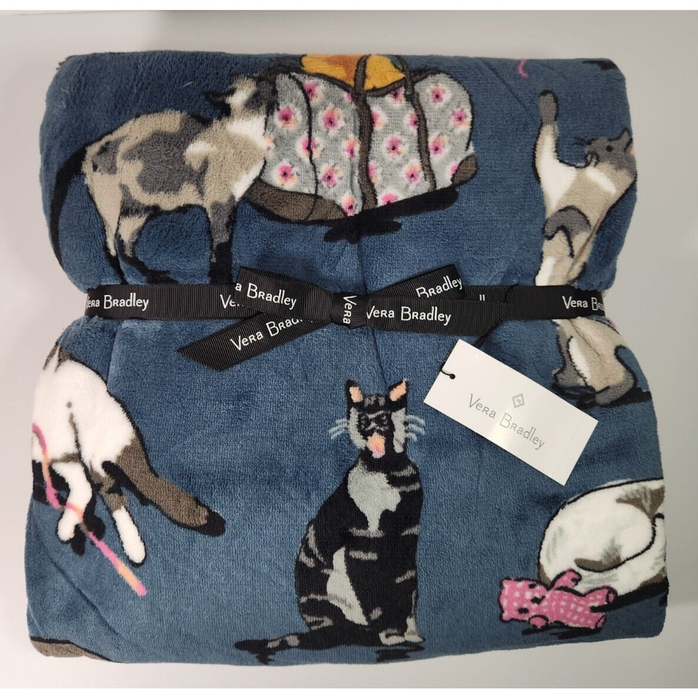 Vera Bradley CAT'S MEOW Throw Blanket Plush NWT 80" x 50" Blue Playful Cats Cat